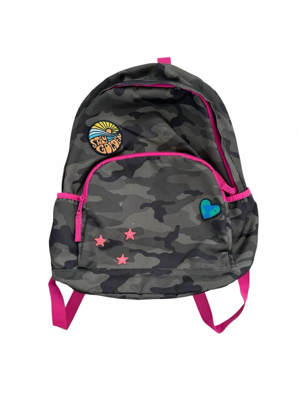 GAP Kids Gray Camo Backpack with Pink Trim and Heart Patch